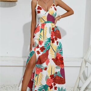 Floral Maxi Dress with Red and Green Accents